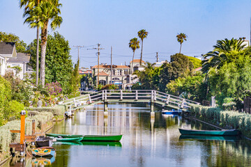 canals of Venice, build by Abbot Kinney in California, beautiful living area with boats and...