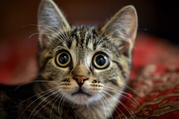 Fototapeta premium A cat with its eyes wide open is staring at the camera