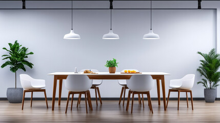 Fototapeta premium A minimalist dining room setup featuring a wooden table, white chairs, indoor plants, and hanging lights in a clean, modern space.