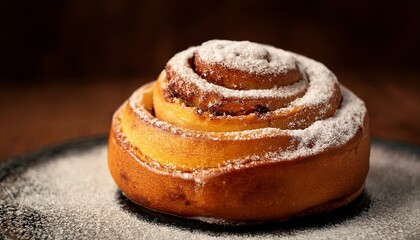 Delicious Cinnamon roll with powdered sugar on top, close up