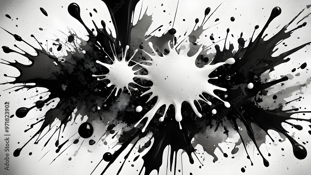 Wall mural Abstract black and white paint splatters on a white background.