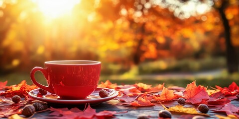 Cup of steaming coffee set on a wooden table with golden autumn leaves, capturing the essence of a cozy fall morning in a warm and inviting atmosphere.