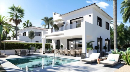 Fototapeta premium Modern White Villa with Swimming Pool and Palm Trees