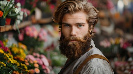 Obraz premium Bearded man in flower shop.