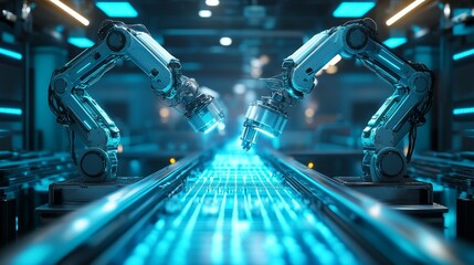Obraz premium Robotic arms inspecting food products on conveyor belts in a sleek futuristic facility, neon blue lighting, holographic quality control display, high-tech design, Sci-Fi style