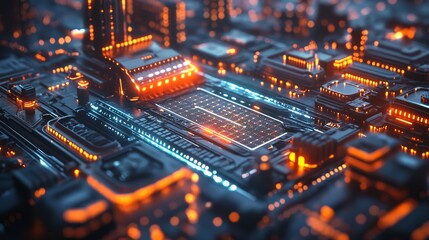 Obraz premium An aerial view of a futuristic city powered by solar panels and wind turbines, with digital energy waves flowing seamlessly through a glowing smart grid, Cyberpunk, 3D Render