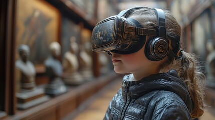 A young girl explores art through VR in a museum.