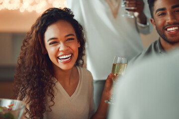 Home, happiness and friends with glass for alcohol, celebration and bonding together in social gathering. Group, people and woman with sparkling wine for achievement, reunion and smile in fine dining