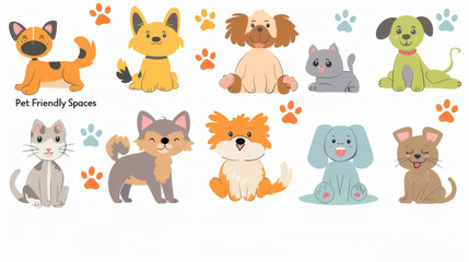 Cartoon Dogs and Cats with Colorful Paw Prints