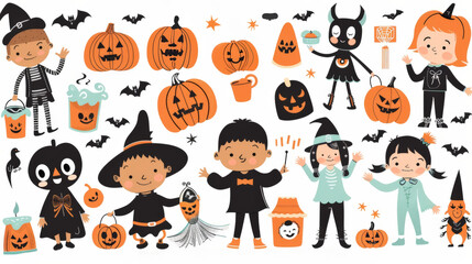 Naklejka premium Halloween Party with Kids in Costumes and Jack-o'-Lanterns
