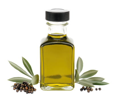 A glass bottle of olive oil surrounded by olive leaves and seeds, perfect for culinary or health-related imagery.