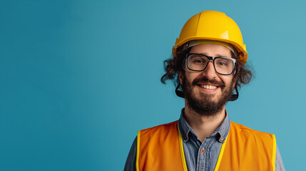 Portrait of smiling male engineer with yellow safety helmet and vest on plain blue background. Generative AI