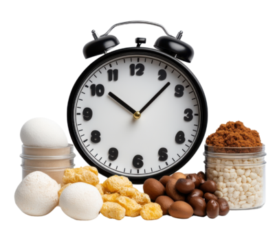A vintage alarm clock surrounded by various breakfast foods, symbolizing time for a delicious morning meal.
