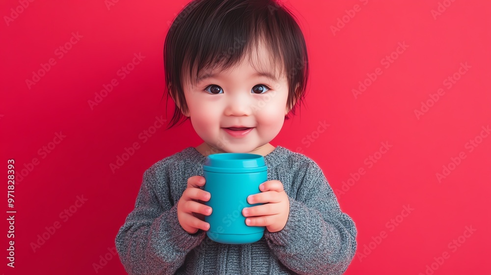 Sticker A baby girl in a gray sweater smiling and holding a blue cup.