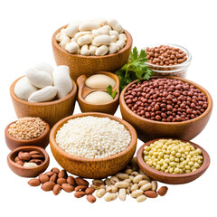 Naklejka premium Assorted beans and legumes in wooden bowls, perfect for healthy cooking, vegetarian recipes, and nutrient-rich meals.