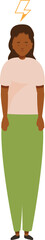 Young woman is standing with a sad expression and a lightning bolt over her head, symbolizing frustration, exhaustion, or a sudden idea