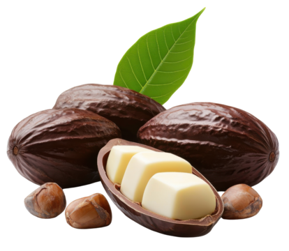 Fresh cacao pod with smooth butter and seeds, ideal for culinary and wellness projects, showcasing natural ingredients.