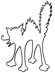 silhouette of scared curled cat in linear shape, black and white