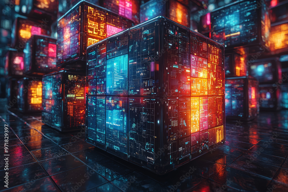 Poster a set of stacked cubes with each face of the cube displaying different types of data or infographics