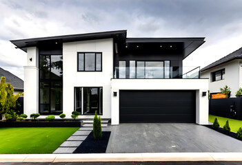 Elegant modern single family house with neat lawn and no fence. located in Poland.