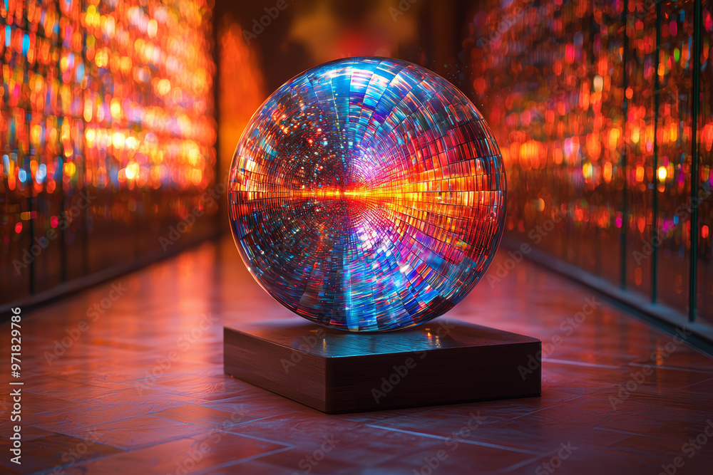 Poster a revolving, illuminated sphere with shifting colors and patterns, creating a mesmerizing display. c