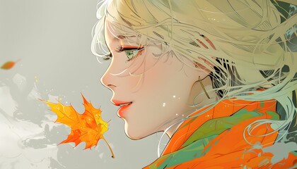 Cute anime girl with autumn leaf.