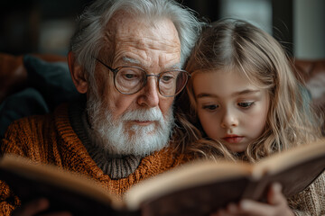 A grandfather telling tales of his childhood while his grandchildren listen with fascination. Concept of family history and storytelling.