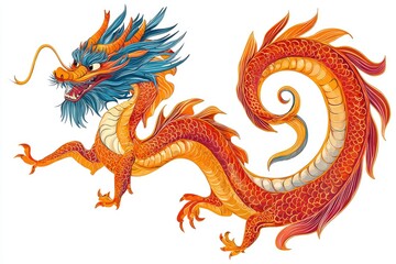 Fototapeta premium Serpentine dragon depiction: visual representation of dragon, showcasing its mythical features such as wings, horns, flames, capturing essence of both European and Eastern dragon lore