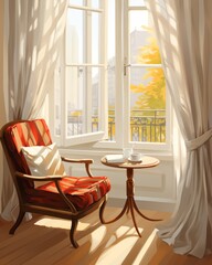 Sunlit Interior, Cozy Armchair by the Window, Autumnal Sunlight Streaming Through the Windowpanes.