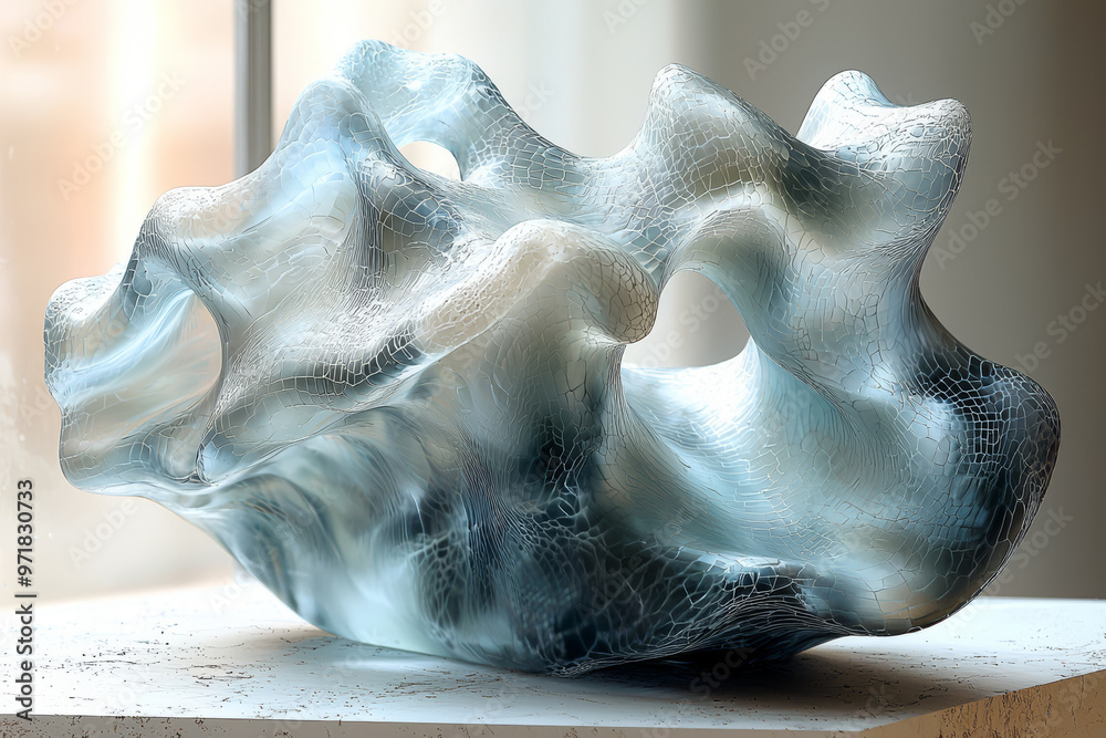 Poster a floating abstract sculpture where each part changes shape to represent different cognitive functio
