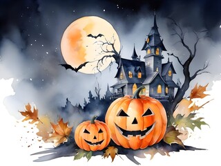Fototapeta premium Watercolor Halloween Pumpkin Horror Illustration Art