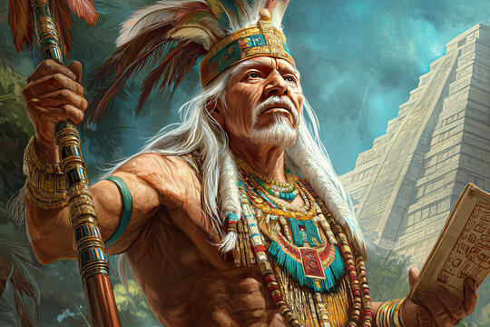 Itzamna, Mayan God of Creation and Knowledge &ndash; Majestic Ancient Figure.  Digital Illustration. 