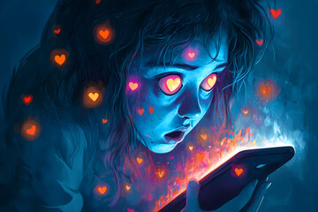 Cellphone addict, teenager excess of social media, children mobile phone screen dependency