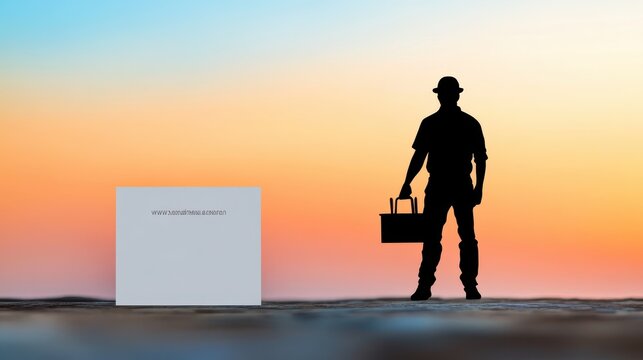 A business card displays a silhouette of a contractor holding a toolbox with simple contact details, set against a soothing gradient backdrop - Powered by Adobe