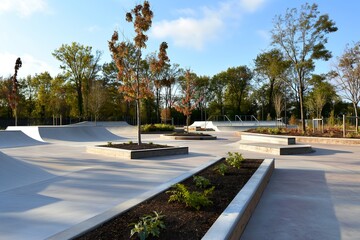 Obraz premium A vibrant skatepark with lush landscaping under clear blue skies in the afternoon, inviting skaters of all levels to enjoy