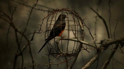 Imprisoned by Thorns: A Bird Symbolizes the Emotional Struggle of Fear and Insecurities, Longing for Freedom and Inner Strength