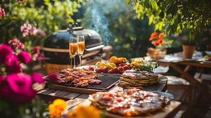 An outdoor brunch with a grill, bacon and pancakes cooking, surrounded by colorful flowers under bright sunlight, impressionist style, warm, inviting atmosphere
