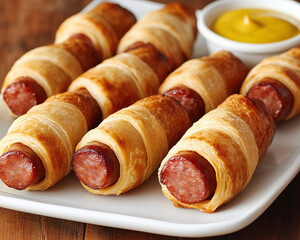 Hot dog 'pigs-in-a-blanket' appetizer prepared on a white serving tray with mustard dipping sauce