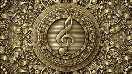 Obraz premium A gold treble clef on a golden background with intricate scrollwork.