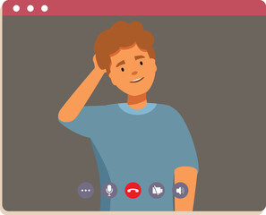 Young man is having a video call and touching his hair with a thinking expression