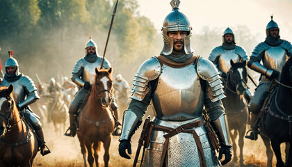 Knight in shining armor stands ready for battle surrounded by fellow soldiers on a historical battlefield