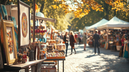 a bustling september art and craft fair featuring local artistsâ€™ work, handcrafted items, and colorful fall decorations