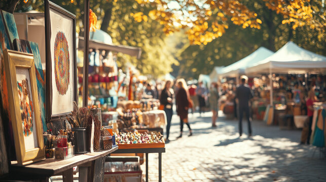 a bustling september art and craft fair featuring local artistsâ€™ work, handcrafted items, and colorful fall decorations