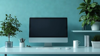 Modern minimalist desk workspace with computer and plants