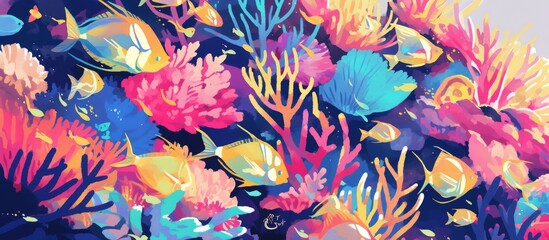 Close up painting of danio rerio fish alongside vibrant neon corals