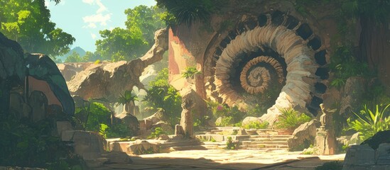Artwork featuring ammonites and fossils of ancient animals embedded in stone within a garden setting
