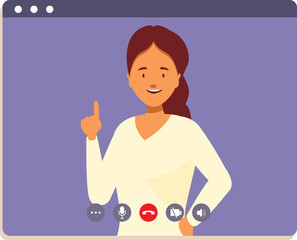 Young woman is having a video call and pointing a finger up to make an important point