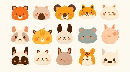 Obraz premium Set of vector illustrations featuring cute baby animal faces Hand drawn character cards ideal for printing graphics and posters with a trendy Scandinavian design for kids