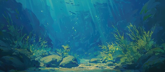 Fototapeta premium Horizontal underwater painting featuring an empty background for design use