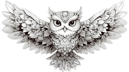 Zentangle style owl illustration filled with decorative patterns designed for adult coloring book pages and stress relief ink drawing